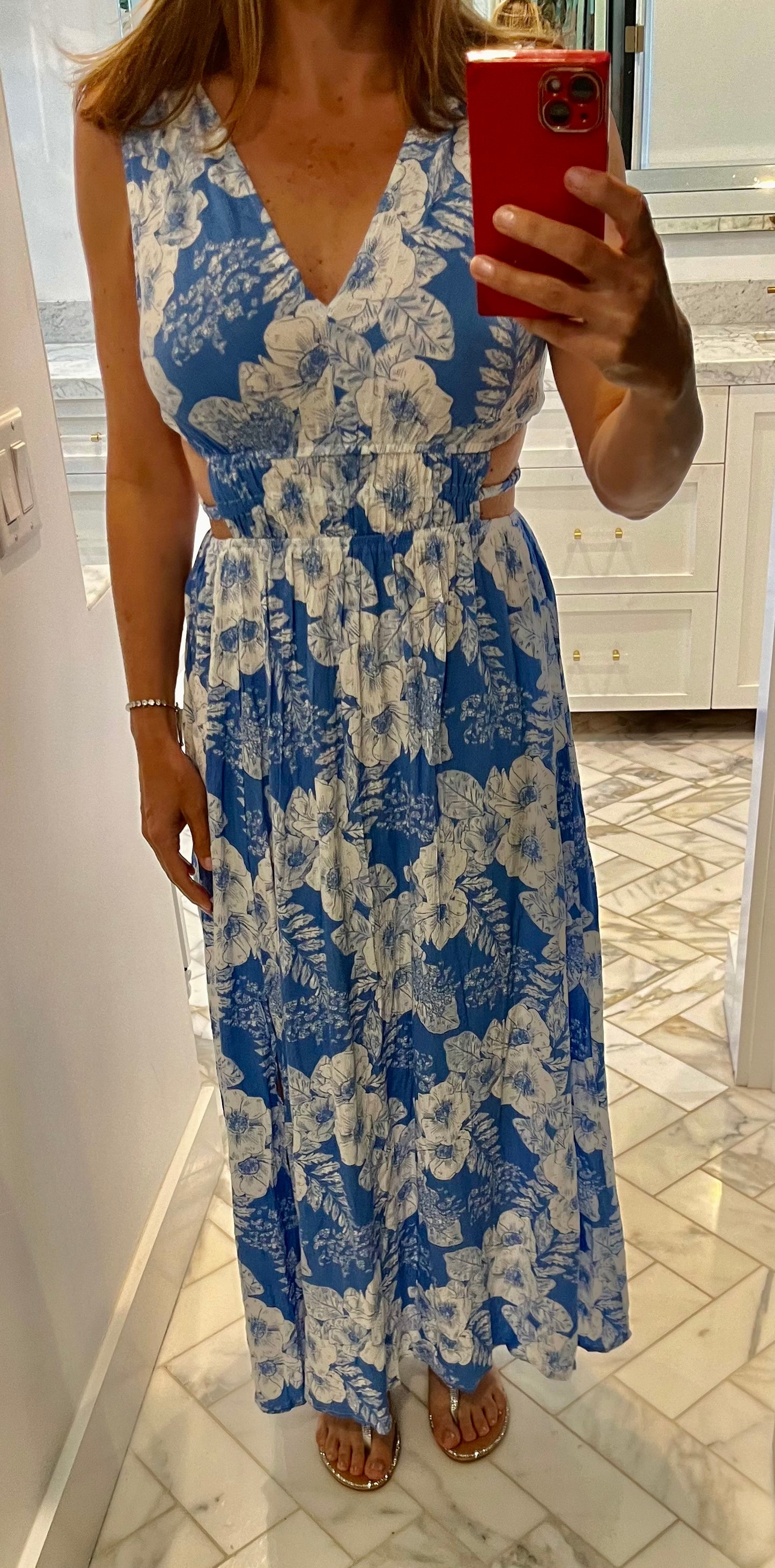 Blue & White Floral Cutout Long Dress