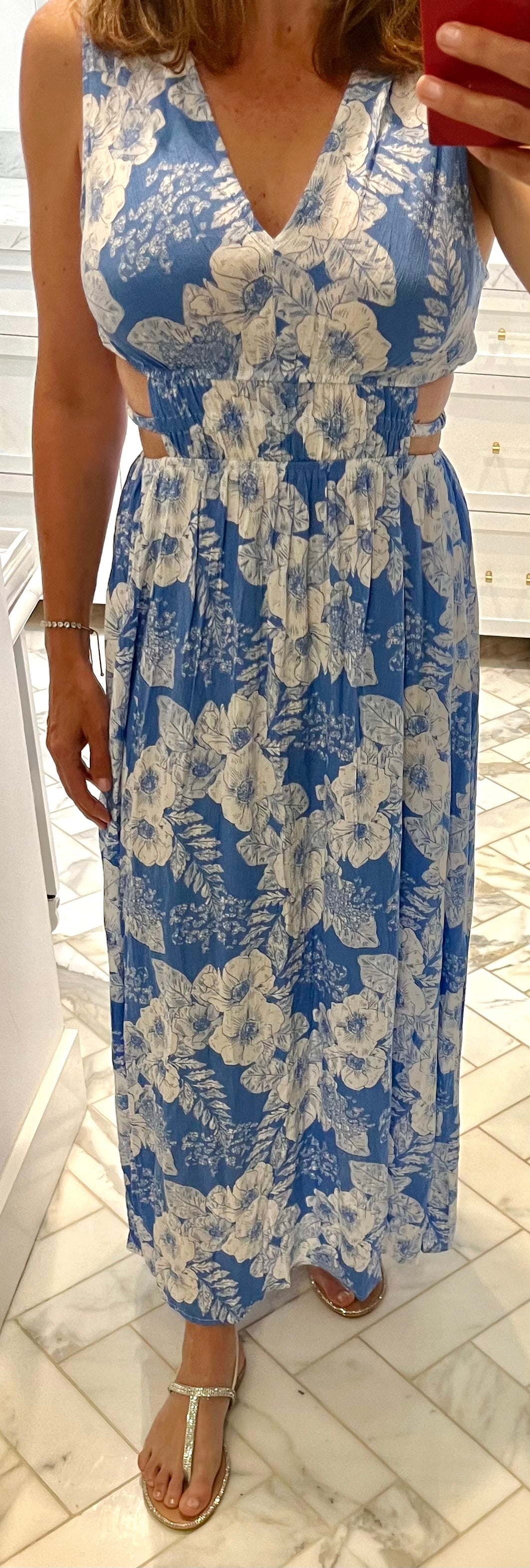 Blue & White Floral Cutout Long Dress