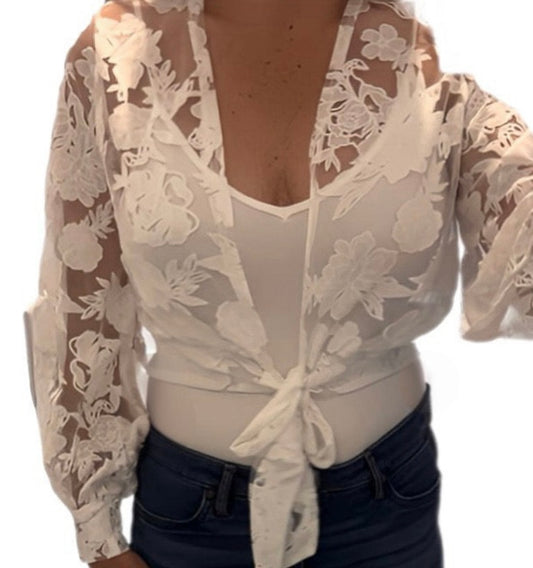 White Lace Long Sleeve Tie Top