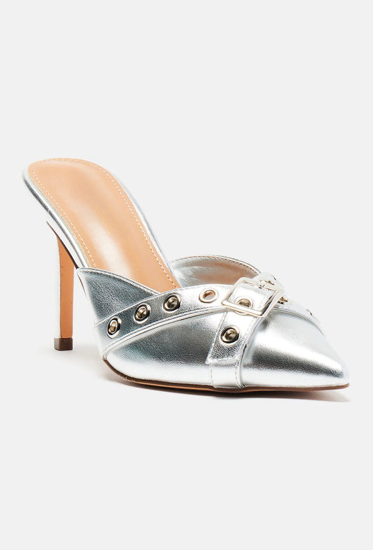 Silver Metallic Buckle Mule Heels