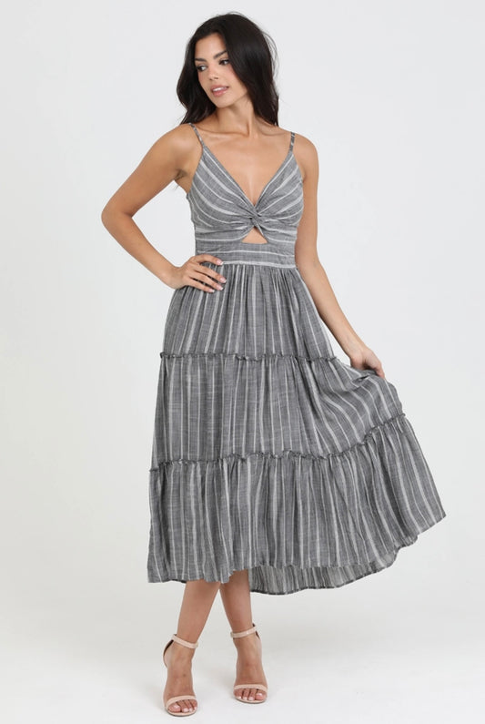 V Neck Twist Front Cut Out Tiered Skirt Midi Dress