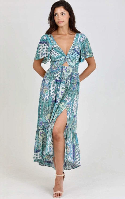 V Neck Twist Front Short Sleeve Maxi Dress W Slit