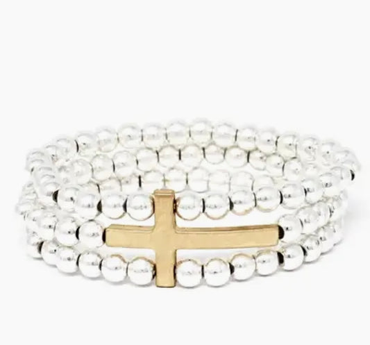 Silver Beaded with Gold Cross Stretch Bracelet Set